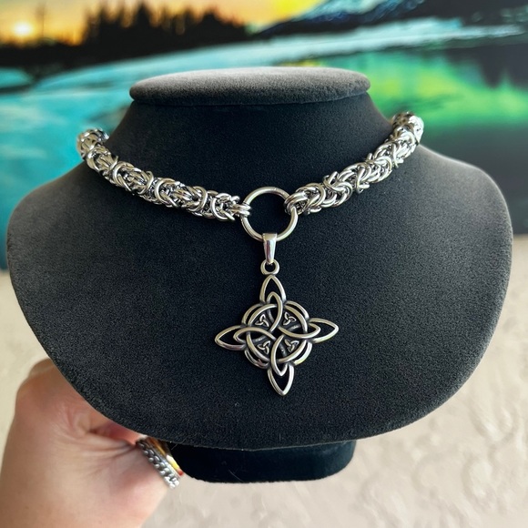 Handmade chain stainless steel bizantine maille link with celtic knot cross - Picture 7 of 12